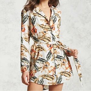 Forever 21 White Tropical Floral Shirt Dress with Orange and Green Accents